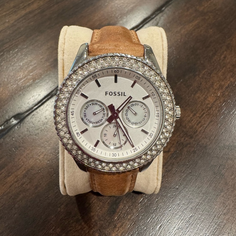 Fossil Brown Leather Strap Watch with Crystal Bezel